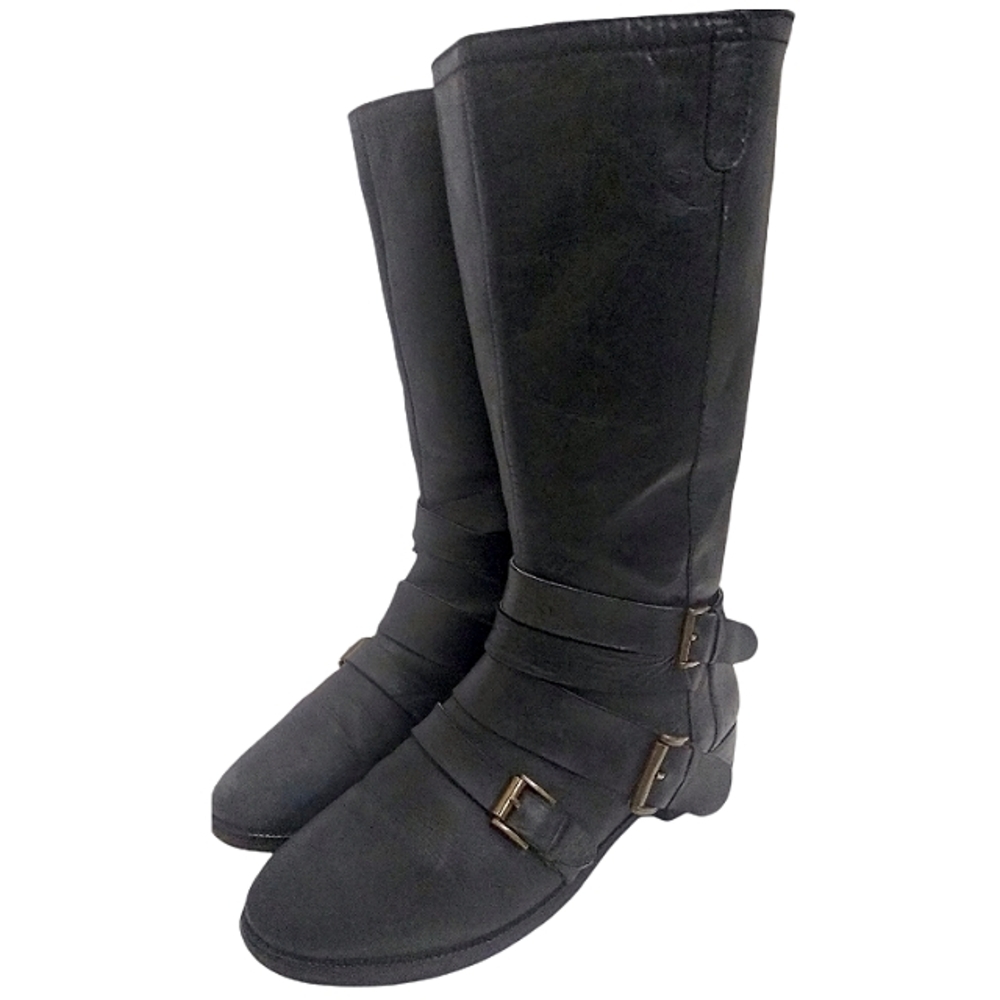 Joie Womens Black Leather Knee Buckle 3 Strap Boots Flat Heel Size 38 US 8 UK 5